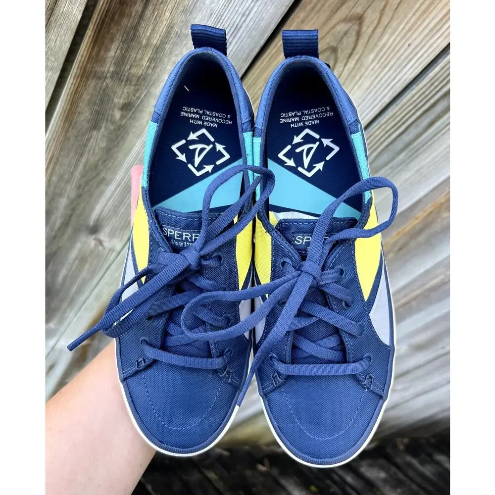 Sperry Crest Vibe Bionic Sneakers Womens 6.5 Navy Teal Yellow‎